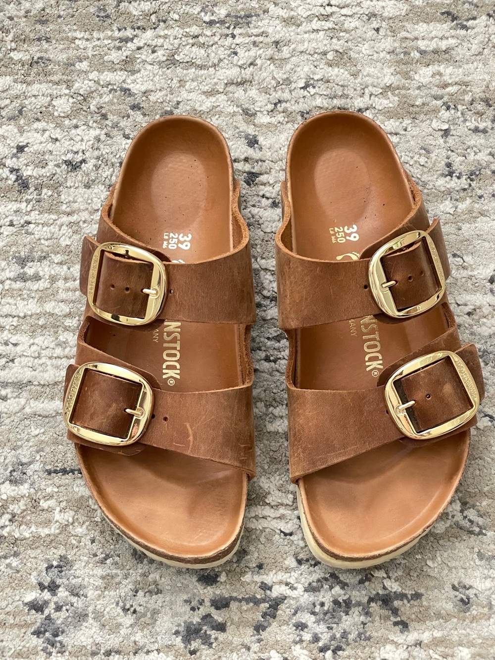 Birkenstock Arizona Big Buckle Cognac Oiled Leather Size 39 Brown Gold Sandals